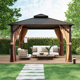 DirectDeals 12 x 12 Feet Double-Roof Patio Hardtop Gazebo with Galvanized Steel Roof Netting and Curtains-Coffee