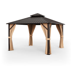 DirectDeals 12 x 12 Feet Double-Roof Patio Hardtop Gazebo with Galvanized Steel Roof Netting and Curtains-Coffee
