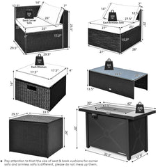 9 Pieces Outdoor PE Rattan Wicker Sectional Sofa with 42 Inch 60 000 BTU Gas Fire Pit Table-Gray