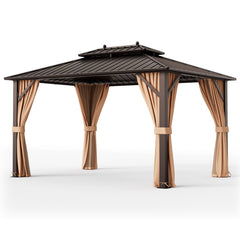 DirectDeals 10x13ft Double-Roof Patio Hardtop Gazebo with Galvanized Steel Roof Netting and Curtains-Coffee