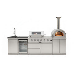 112-Inch 4-Burner 108K BTU Outdoor Kitchen Island With Pizza Oven, Rotisserie & Refrigerator
