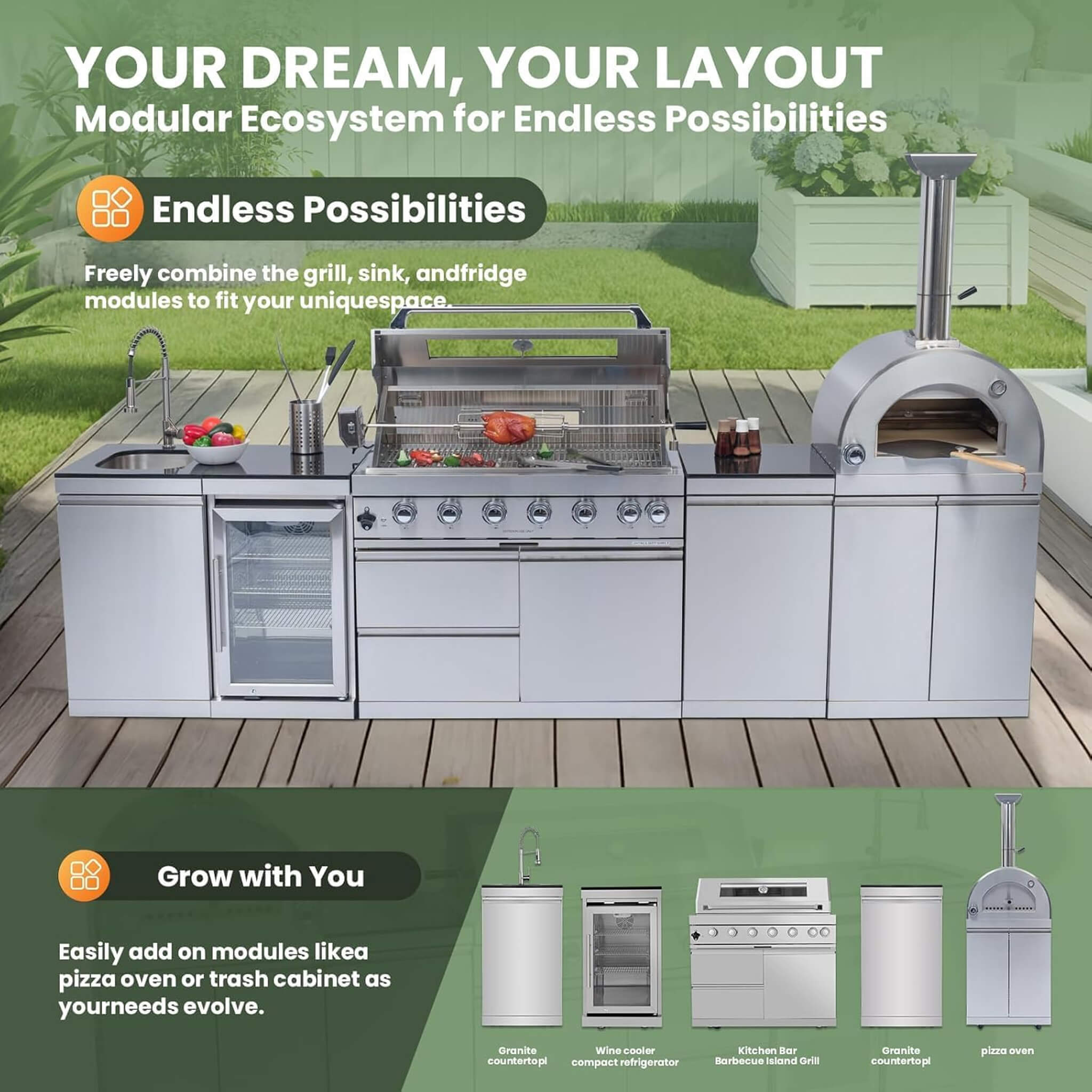 128-Inch 6-Burner 120K BTU Outdoor Kitchen Island With Pizza Oven, Rotisserie & Refrigerator