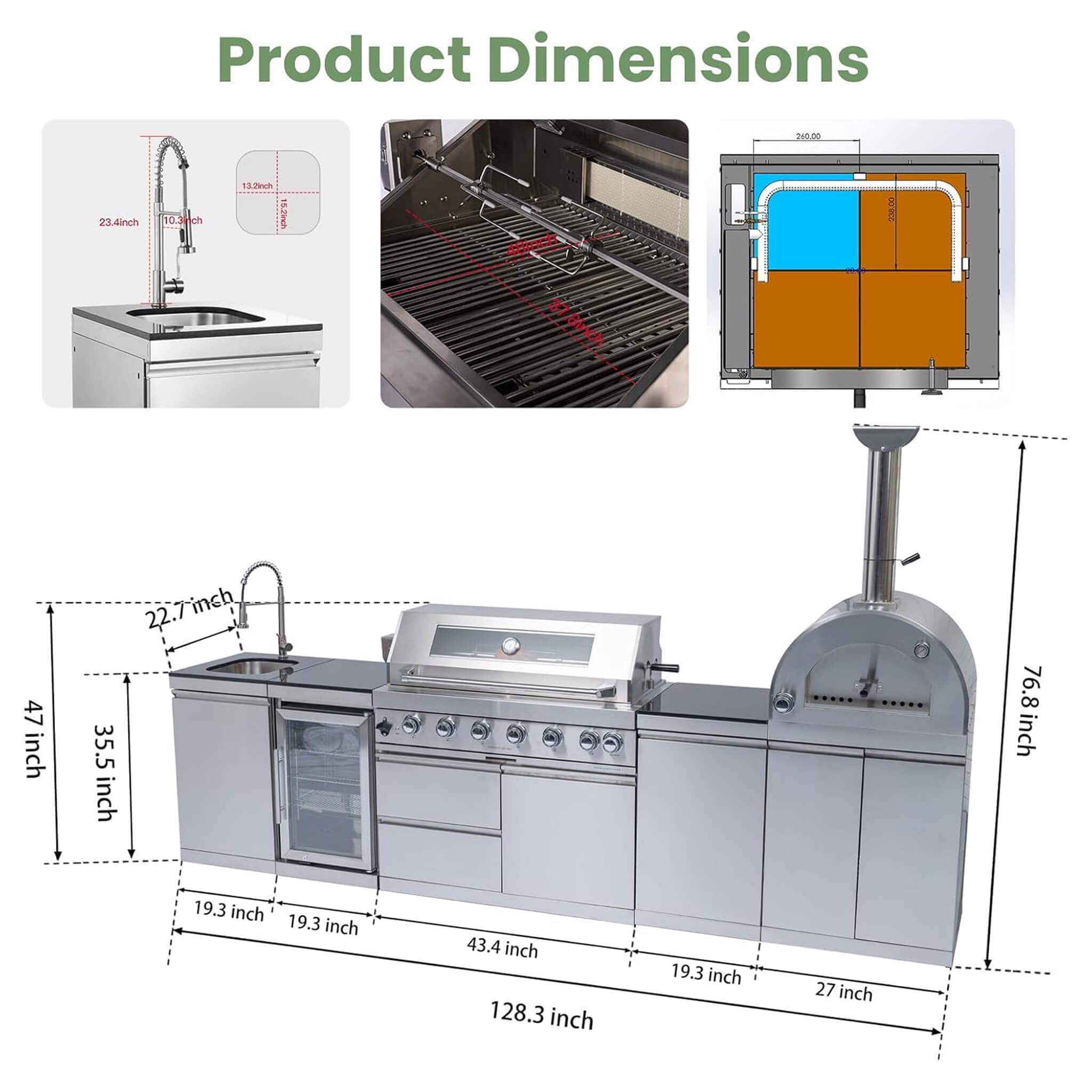 128-Inch 6-Burner 120K BTU Outdoor Kitchen Island With Pizza Oven, Rotisserie & Refrigerator