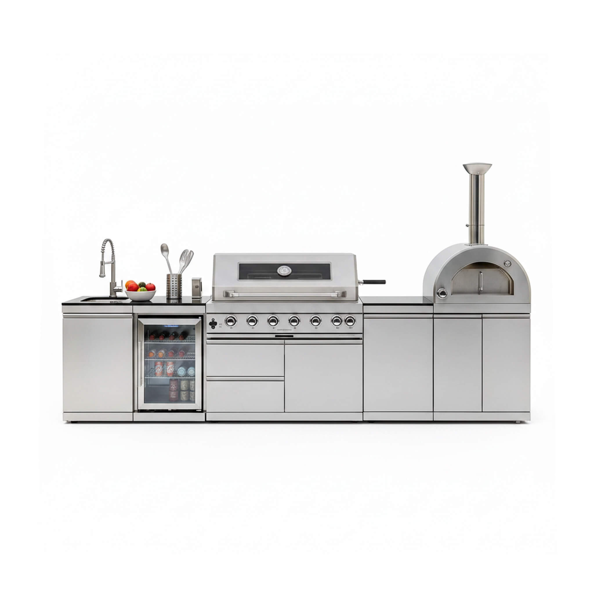 128-Inch 6-Burner 120K BTU Outdoor Kitchen Island With Pizza Oven, Rotisserie & Refrigerator