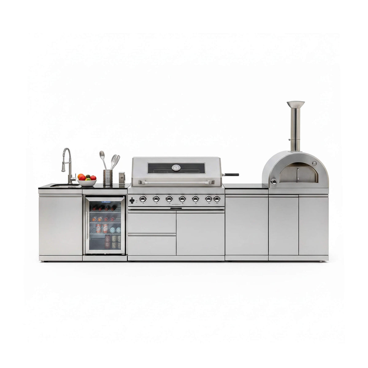 128-Inch 6-Burner 120K BTU Outdoor Kitchen Island With Pizza Oven, Rotisserie & Refrigerator