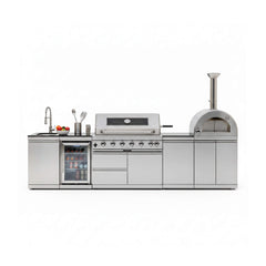 128-Inch 6-Burner 120K BTU Outdoor Kitchen Island With Pizza Oven, Rotisserie & Refrigerator