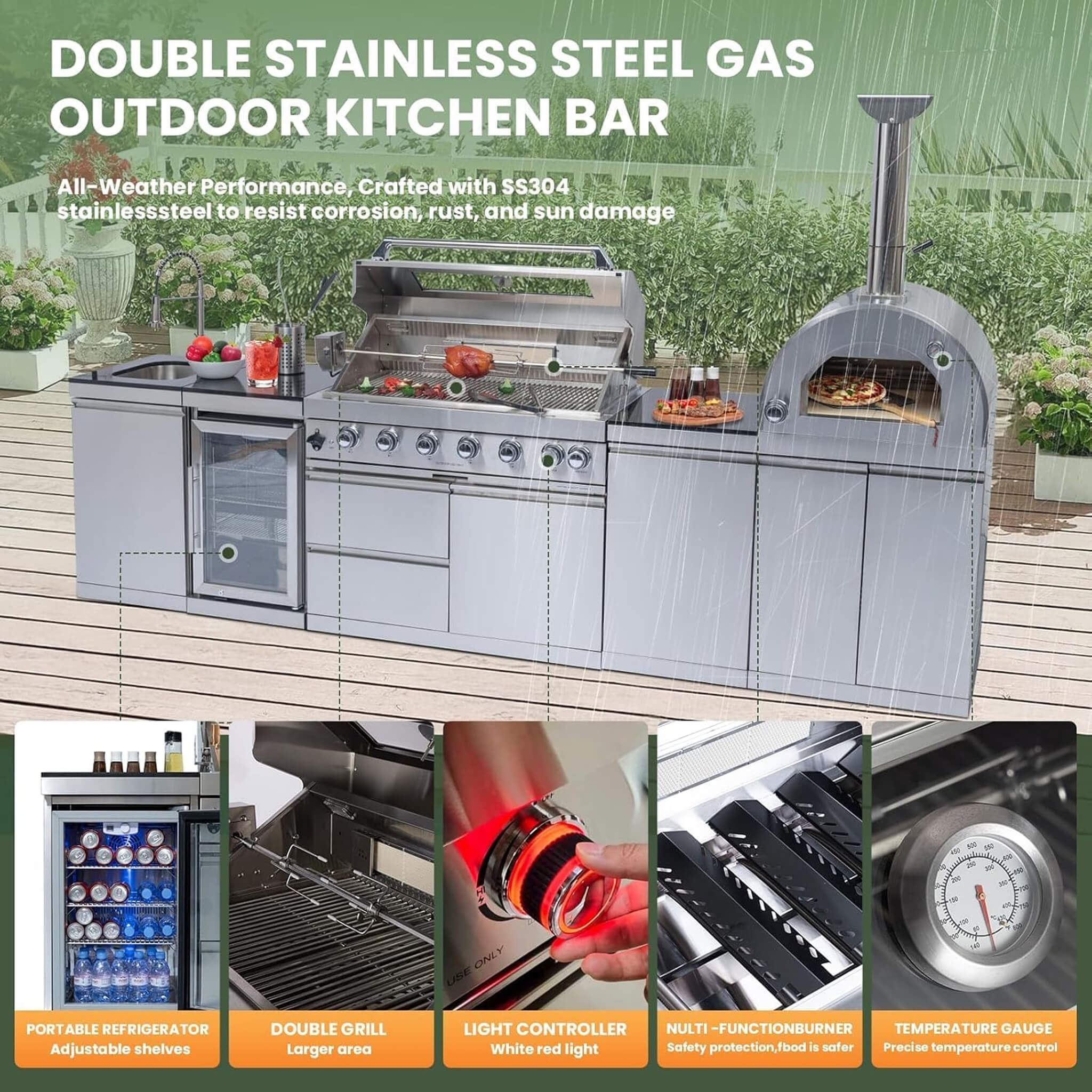 128-Inch 6-Burner 120K BTU Outdoor Kitchen Island With Pizza Oven, Rotisserie & Refrigerator