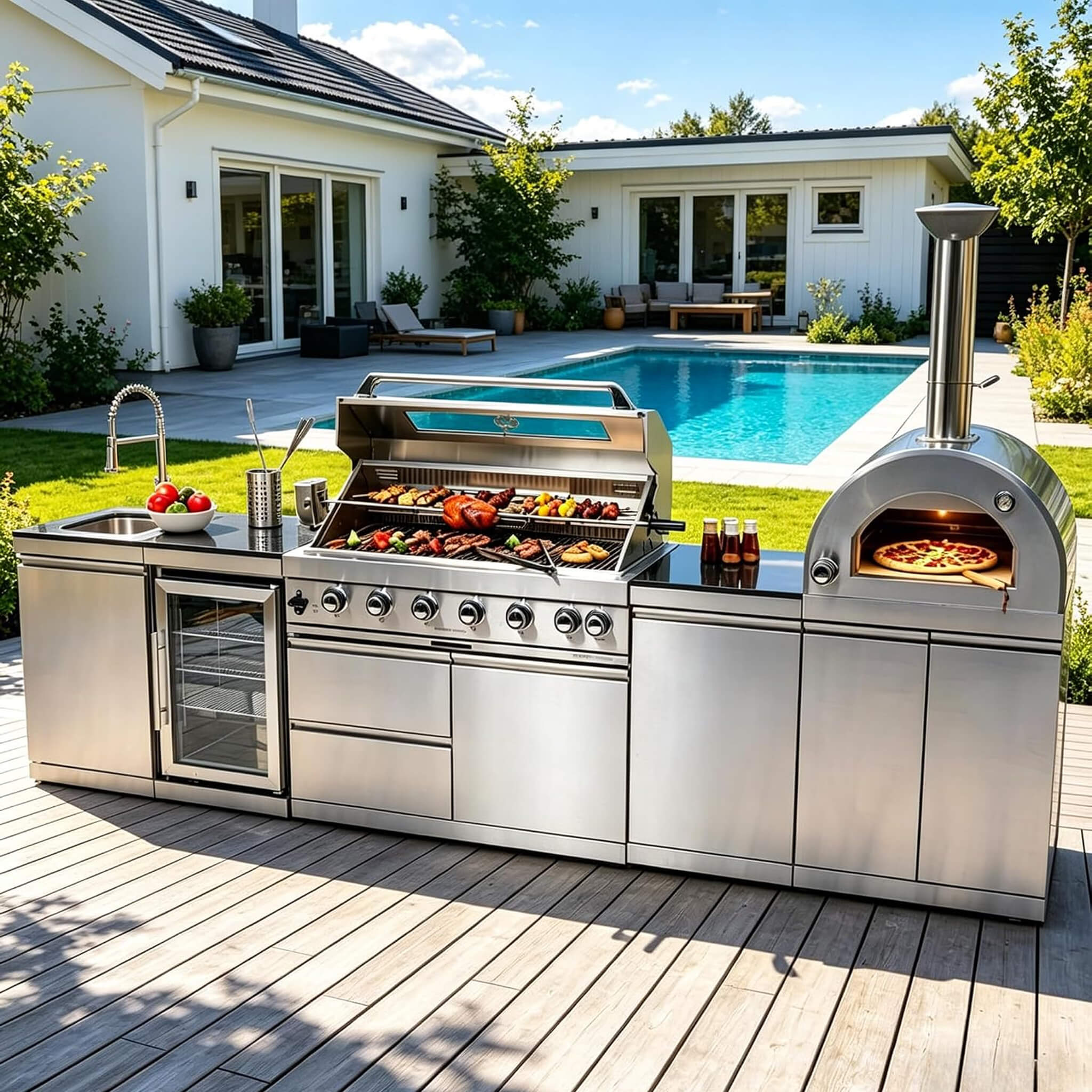 128-Inch 6-Burner 120K BTU Outdoor Kitchen Island With Pizza Oven, Rotisserie & Refrigerator