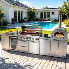 128-Inch 6-Burner 120K BTU Outdoor Kitchen Island With Pizza Oven, Rotisserie & Refrigerator