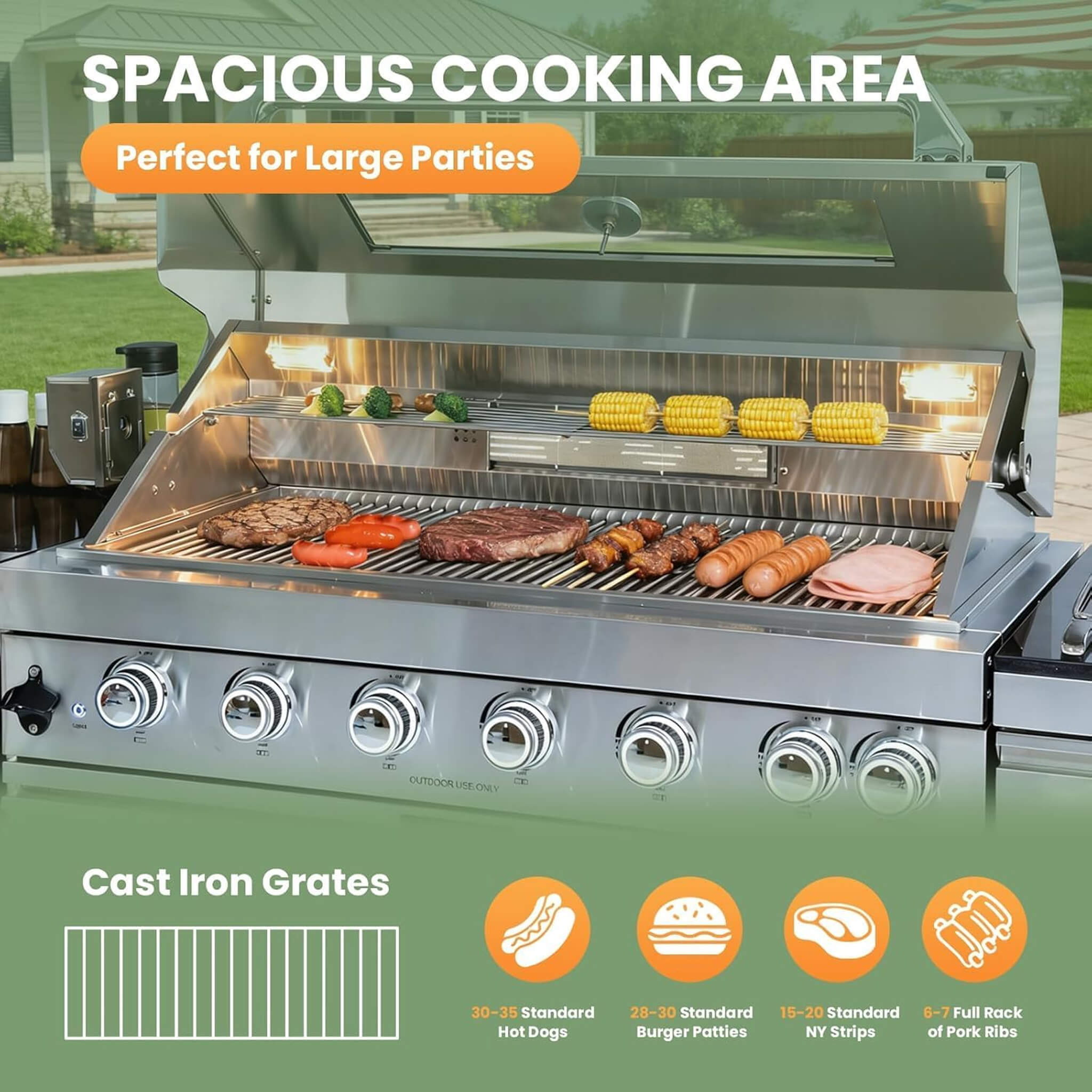 128-Inch 6-Burner 120K BTU Outdoor Kitchen Island With Pizza Oven, Rotisserie & Refrigerator