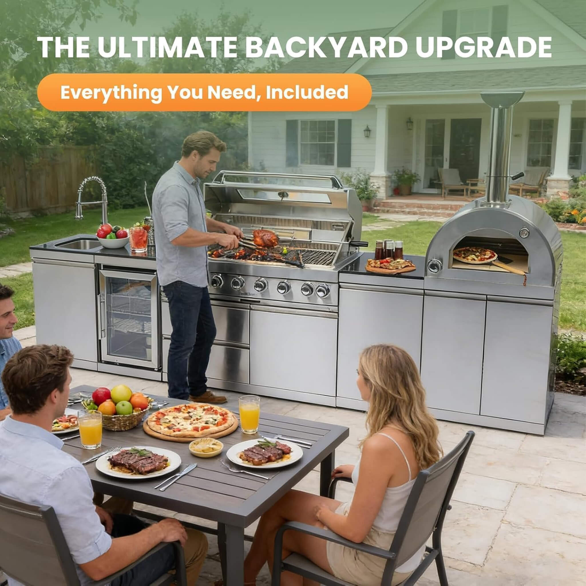 128-Inch 6-Burner 120K BTU Outdoor Kitchen Island With Pizza Oven, Rotisserie & Refrigerator