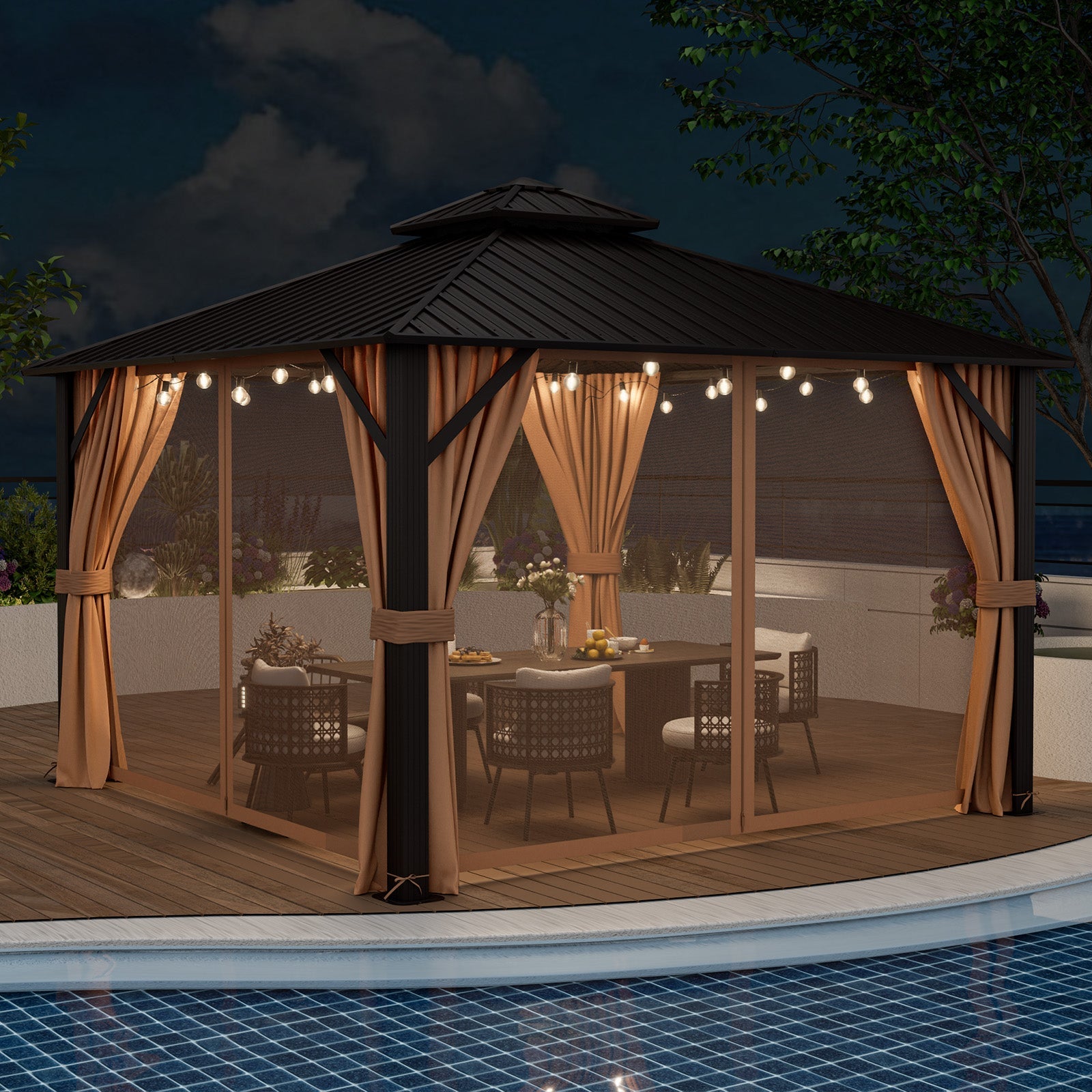 DirectDeals 12 x 12 Feet Double-Roof Patio Hardtop Gazebo with Galvanized Steel Roof Netting and Curtains-Coffee