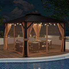 DirectDeals 12 x 12 Feet Double-Roof Patio Hardtop Gazebo with Galvanized Steel Roof Netting and Curtains-Coffee