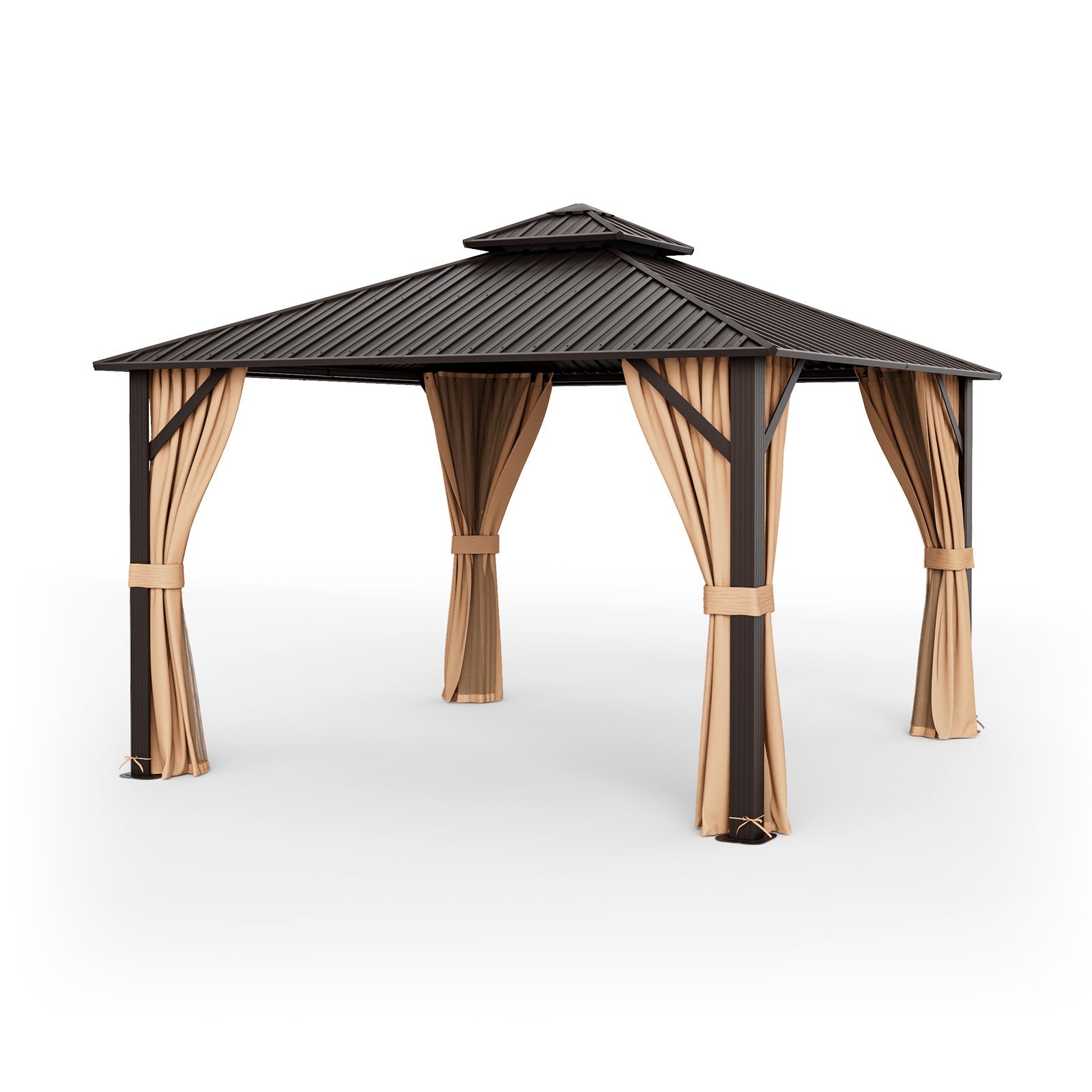 DirectDeals 12 x 12 Feet Double-Roof Patio Hardtop Gazebo with Galvanized Steel Roof Netting and Curtains-Coffee