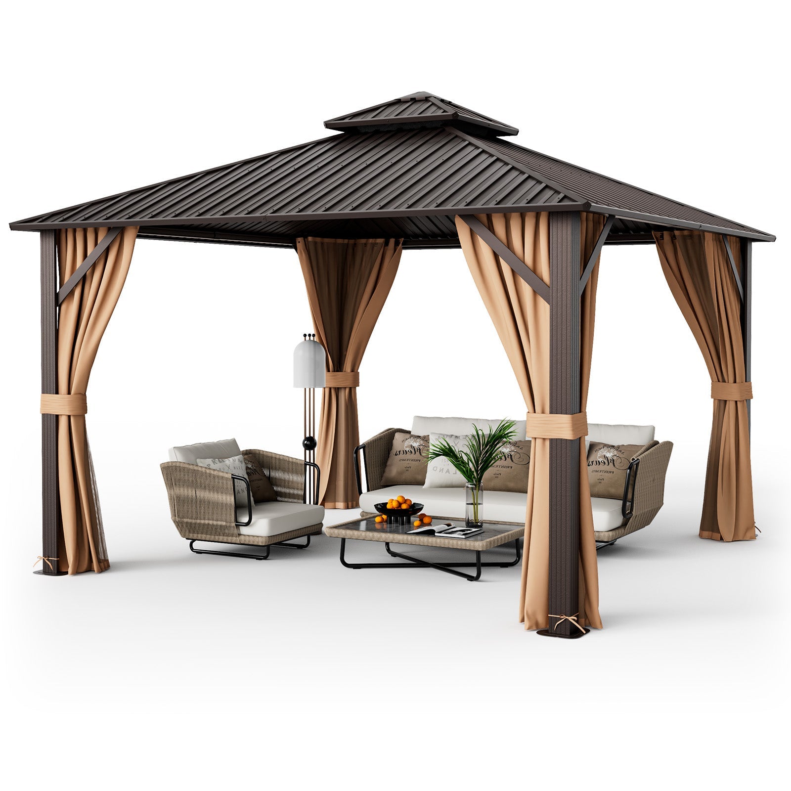 DirectDeals 12 x 12 Feet Double-Roof Patio Hardtop Gazebo with Galvanized Steel Roof Netting and Curtains-Coffee