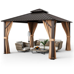DirectDeals 12 x 12 Feet Double-Roof Patio Hardtop Gazebo with Galvanized Steel Roof Netting and Curtains-Coffee