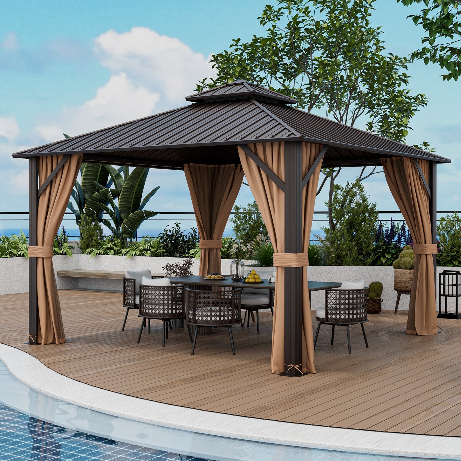 DirectDeals 12 x 12 Feet Double-Roof Patio Hardtop Gazebo with Galvanized Steel Roof Netting and Curtains-Coffee
