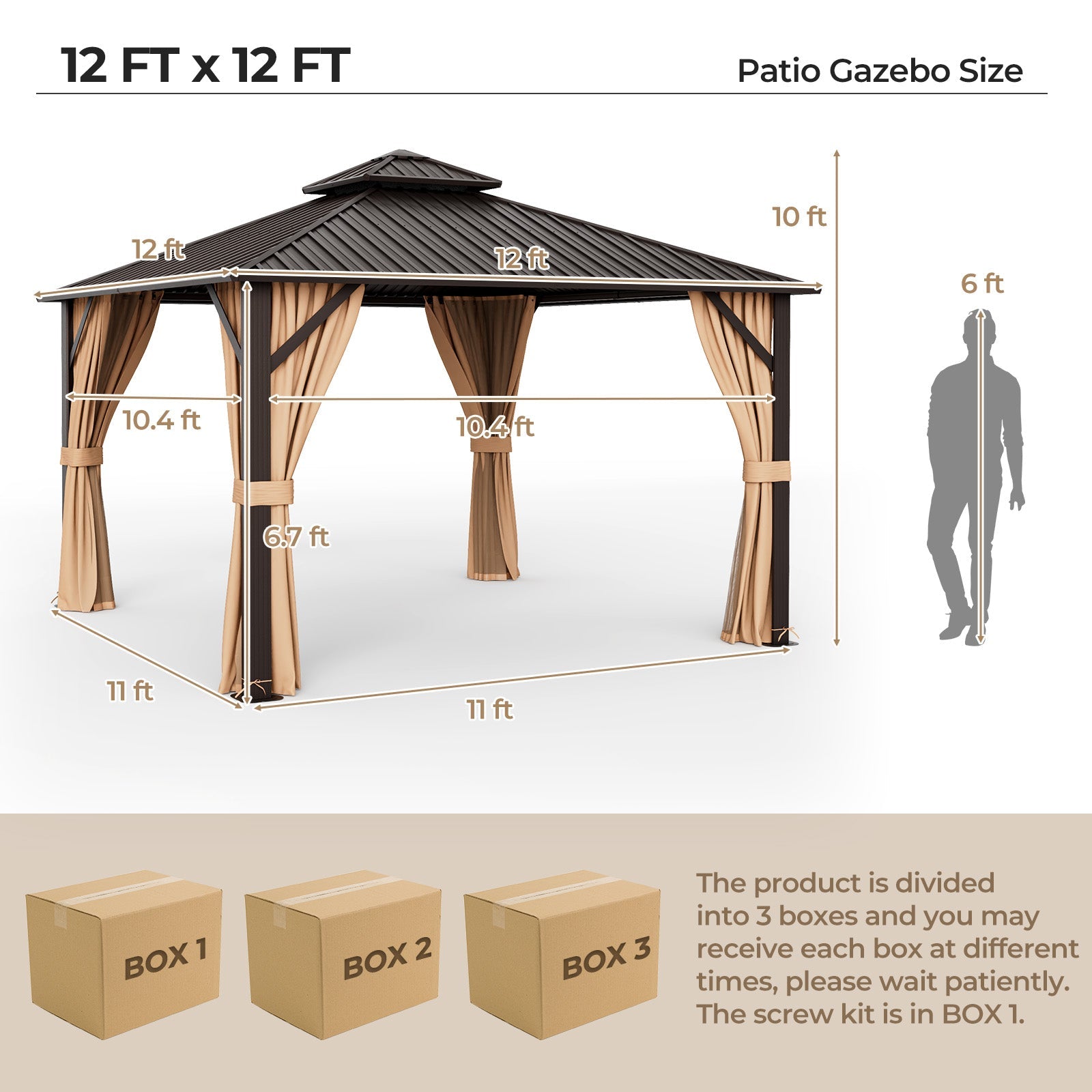 DirectDeals 12 x 12 Feet Double-Roof Patio Hardtop Gazebo with Galvanized Steel Roof Netting and Curtains-Coffee