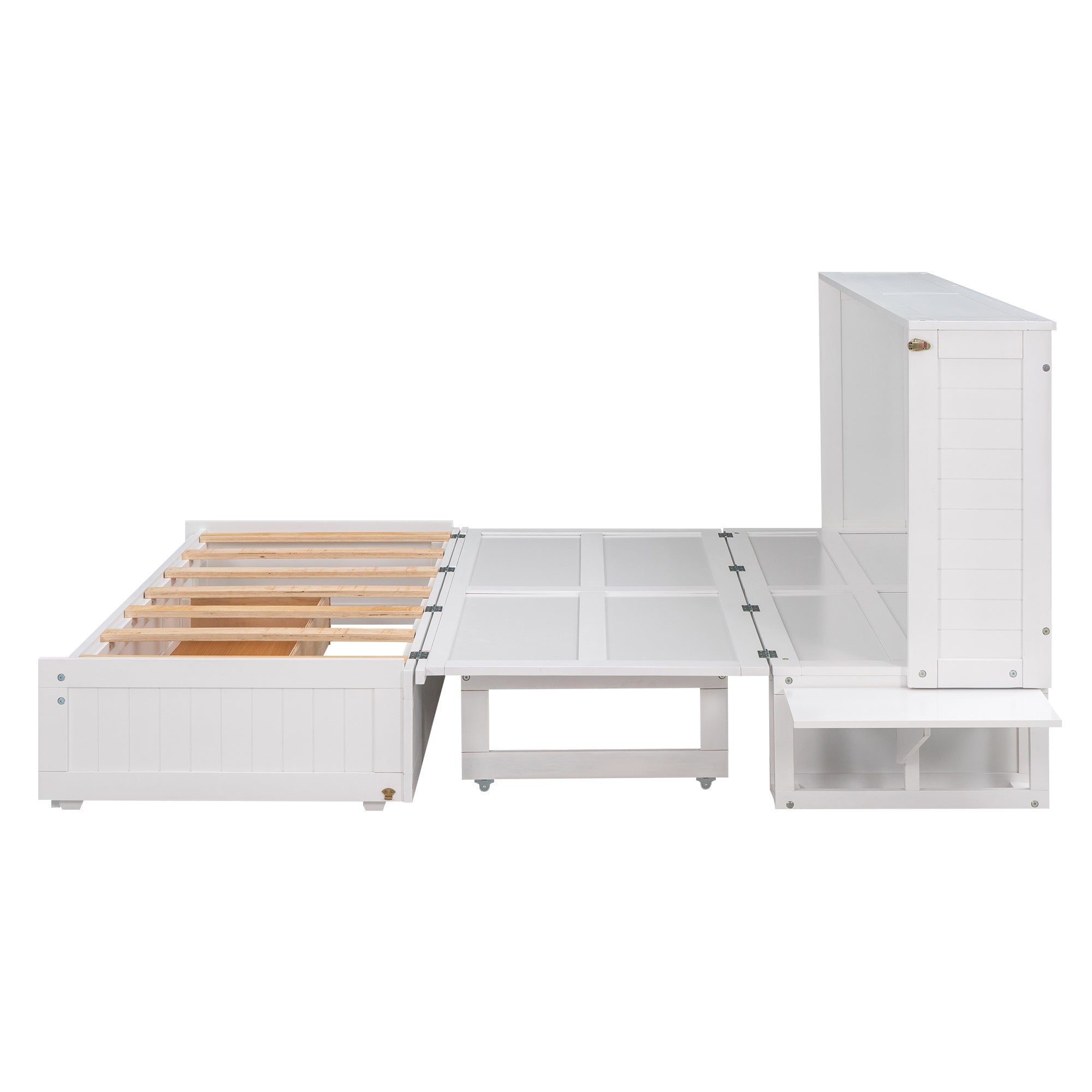 Queen Mobile Murphy Bed with Storage Drawer & Bedside Shelves – White