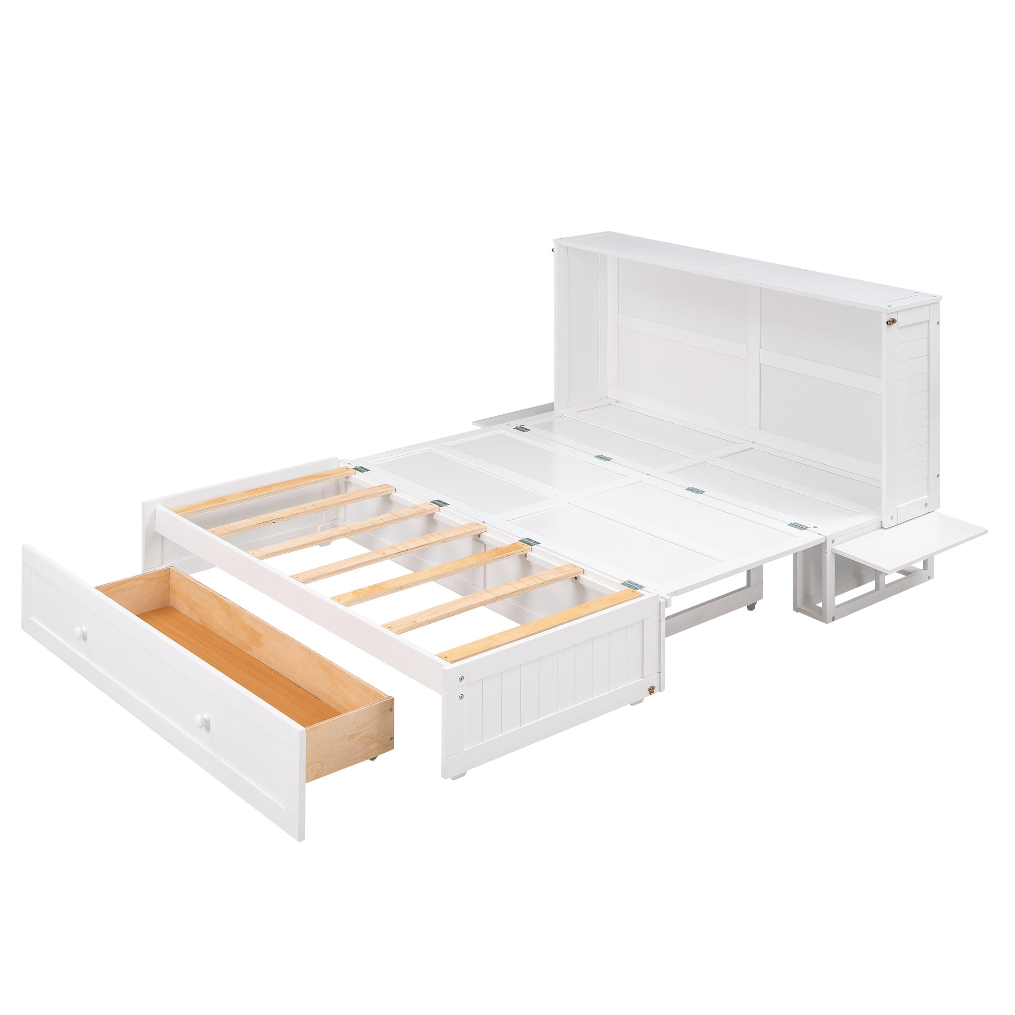 Queen Mobile Murphy Bed with Storage Drawer & Bedside Shelves – White