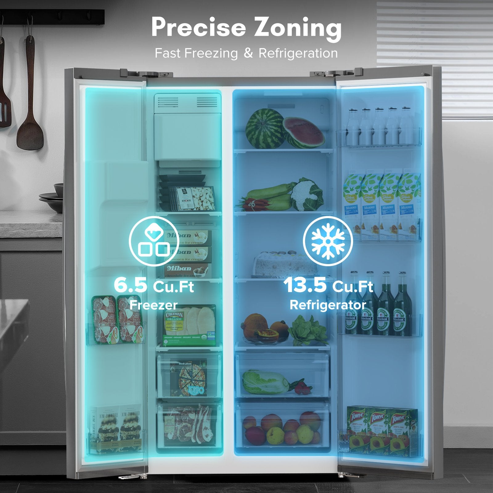 36" 20 Cu. Ft. Side-by-Side Refrigerator with Ice Maker & Water Dispenser