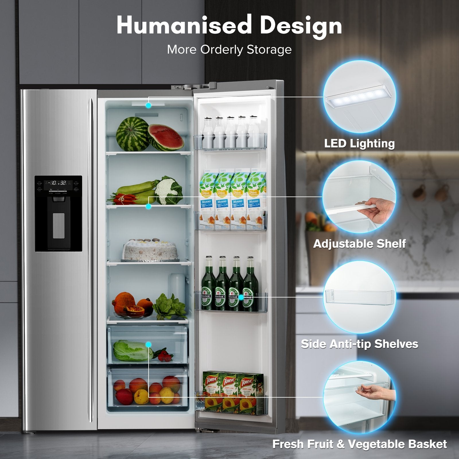 36" 20 Cu. Ft. Side-by-Side Refrigerator with Ice Maker & Water Dispenser