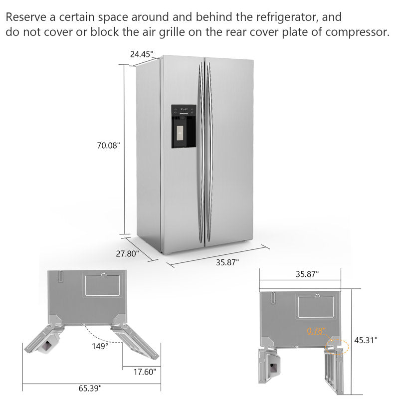 36" 20 Cu. Ft. Side-by-Side Refrigerator with Ice Maker & Water Dispenser
