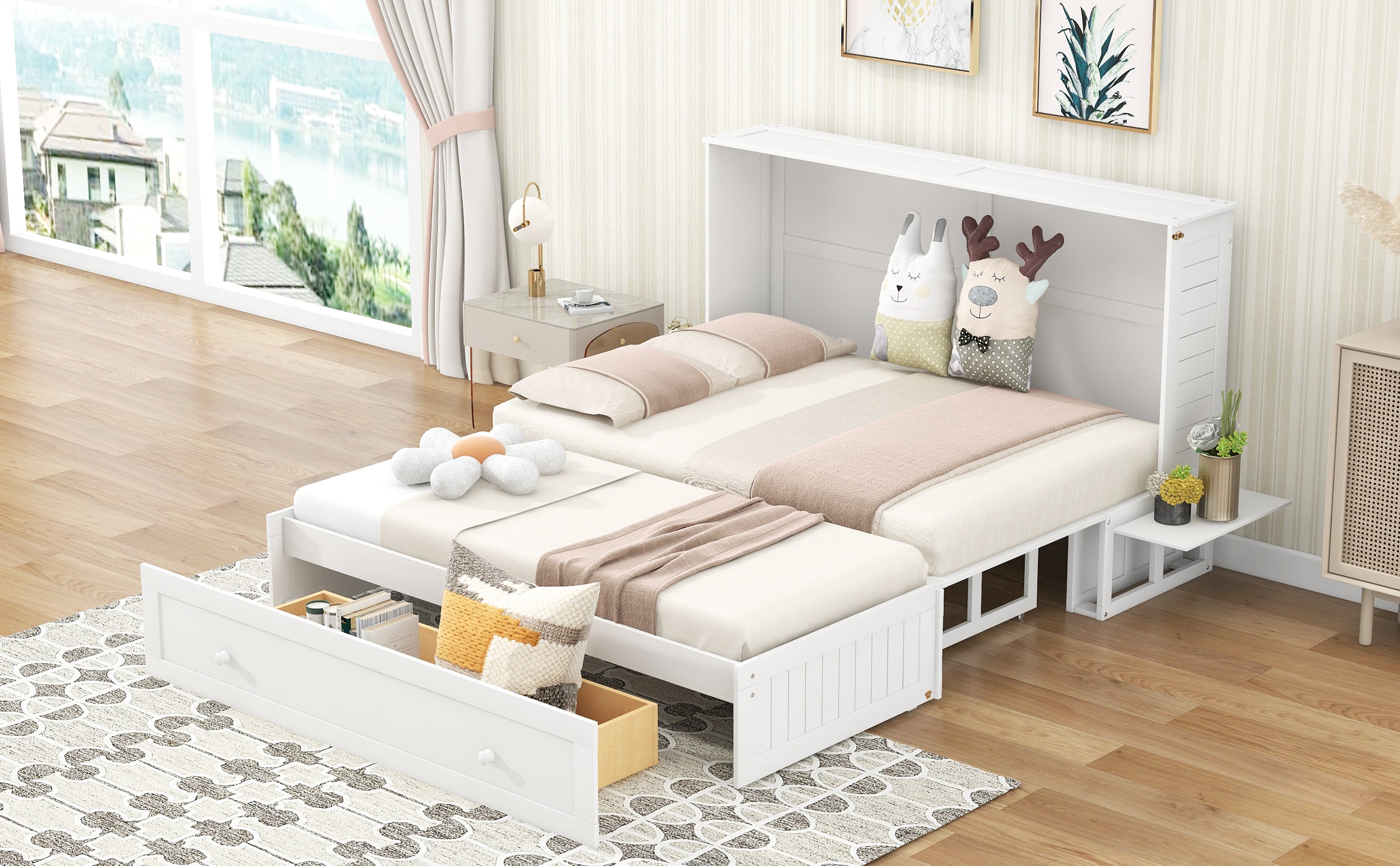 Queen Mobile Murphy Bed with Storage Drawer & Bedside Shelves – White