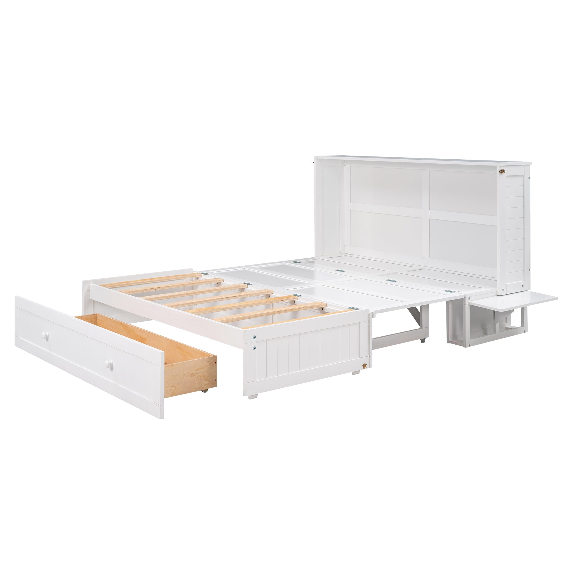 Queen Mobile Murphy Bed with Storage Drawer & Bedside Shelves – White