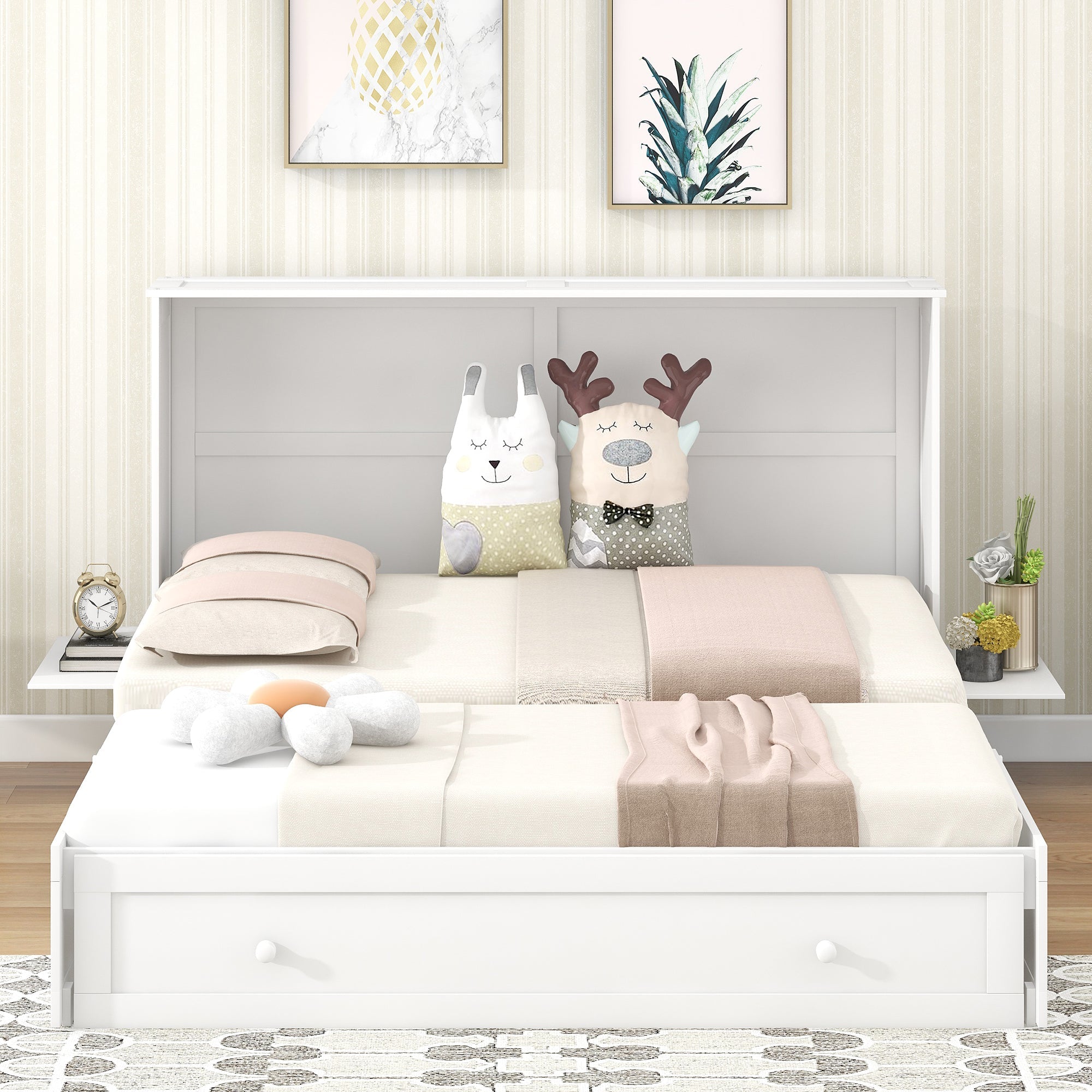 Queen Mobile Murphy Bed with Storage Drawer & Bedside Shelves – White