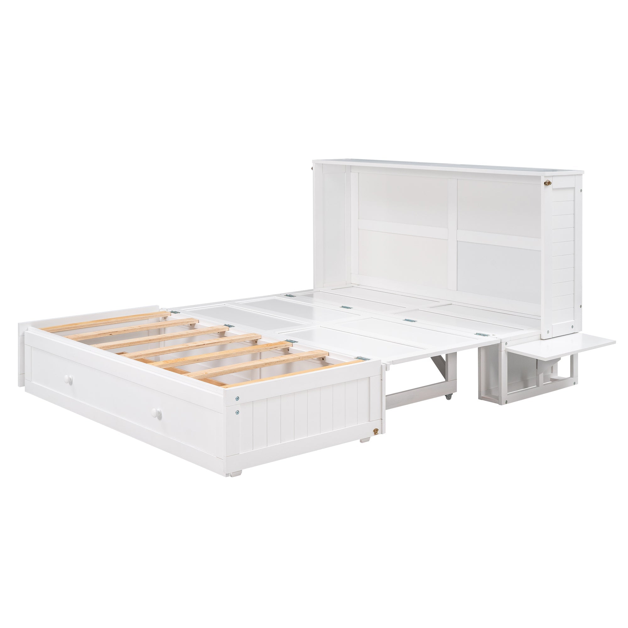 Queen Mobile Murphy Bed with Storage Drawer & Bedside Shelves – White