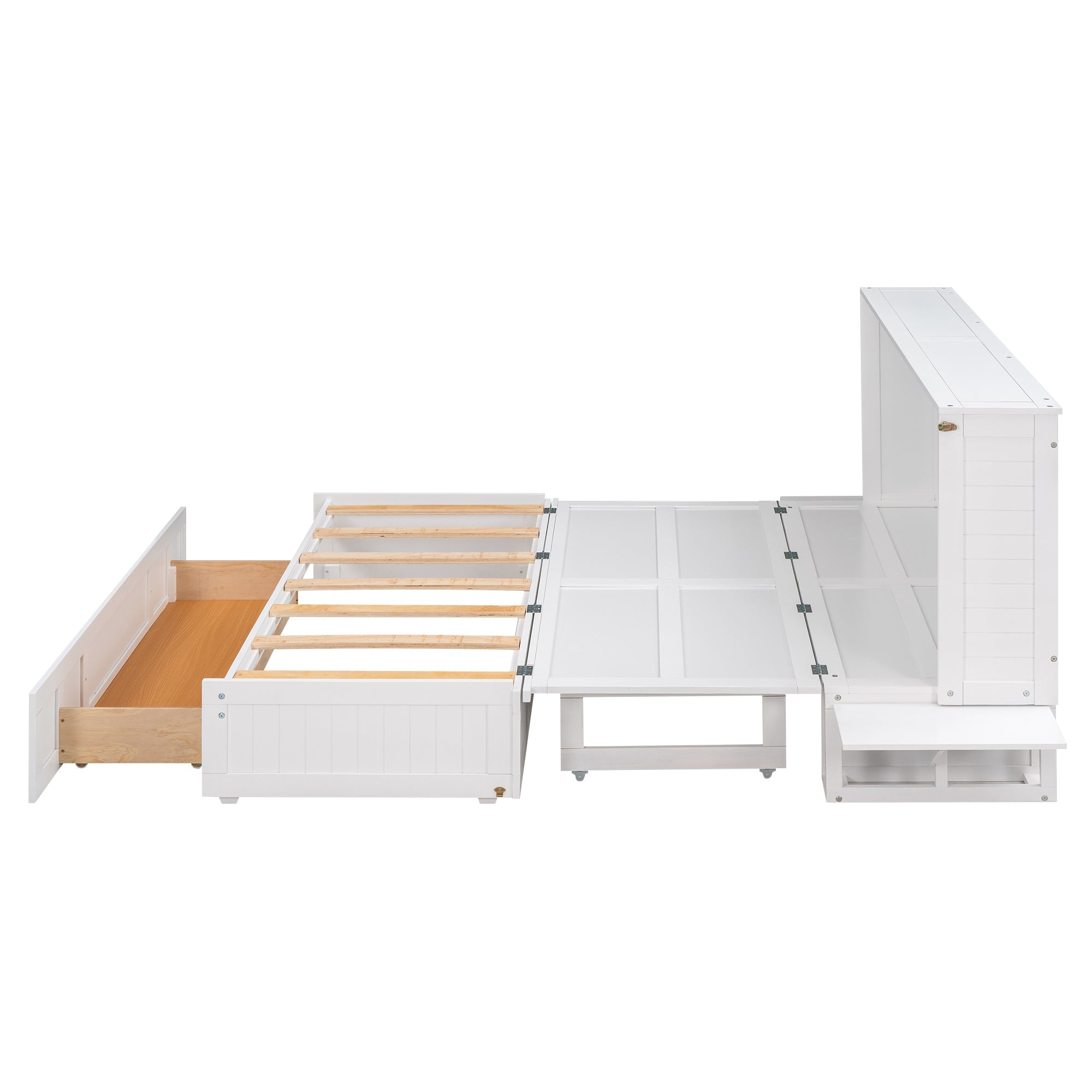Queen Mobile Murphy Bed with Storage Drawer & Bedside Shelves – White