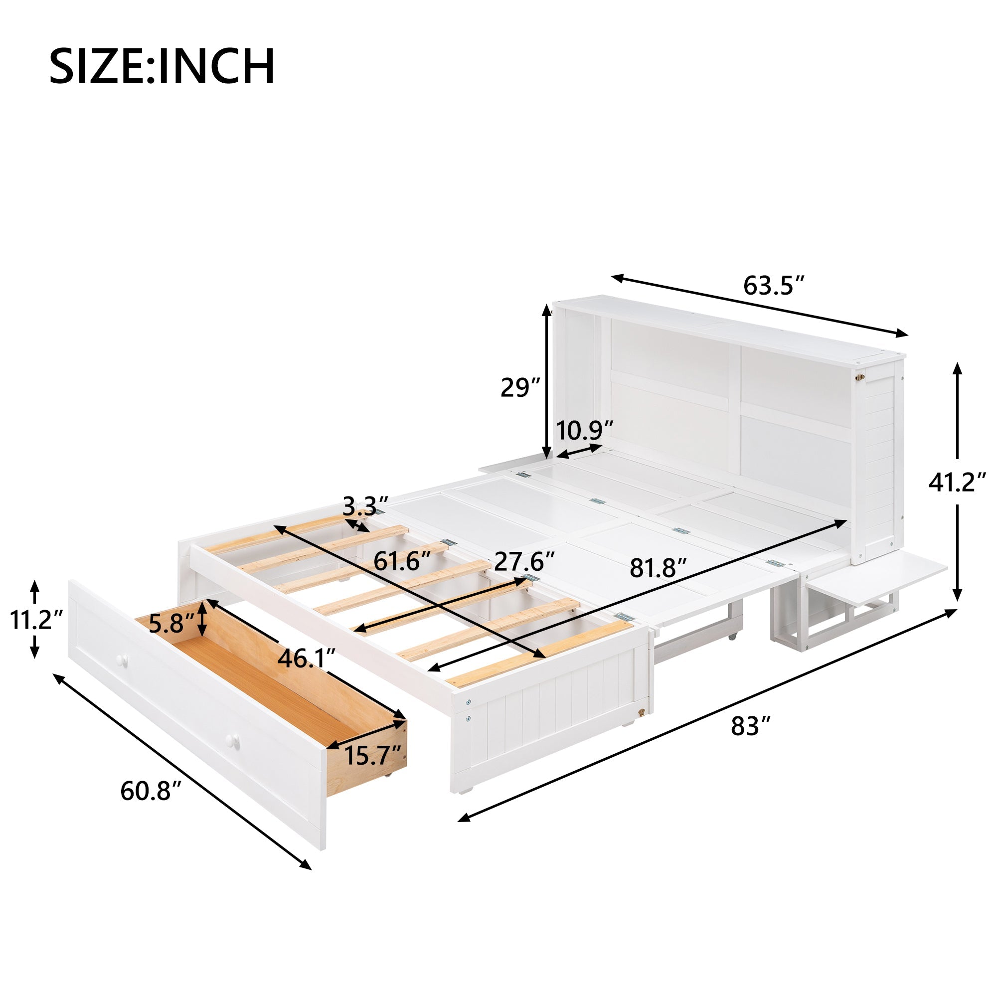 Queen Mobile Murphy Bed with Storage Drawer & Bedside Shelves – White