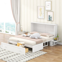 Queen Mobile Murphy Bed with Storage Drawer & Bedside Shelves – White