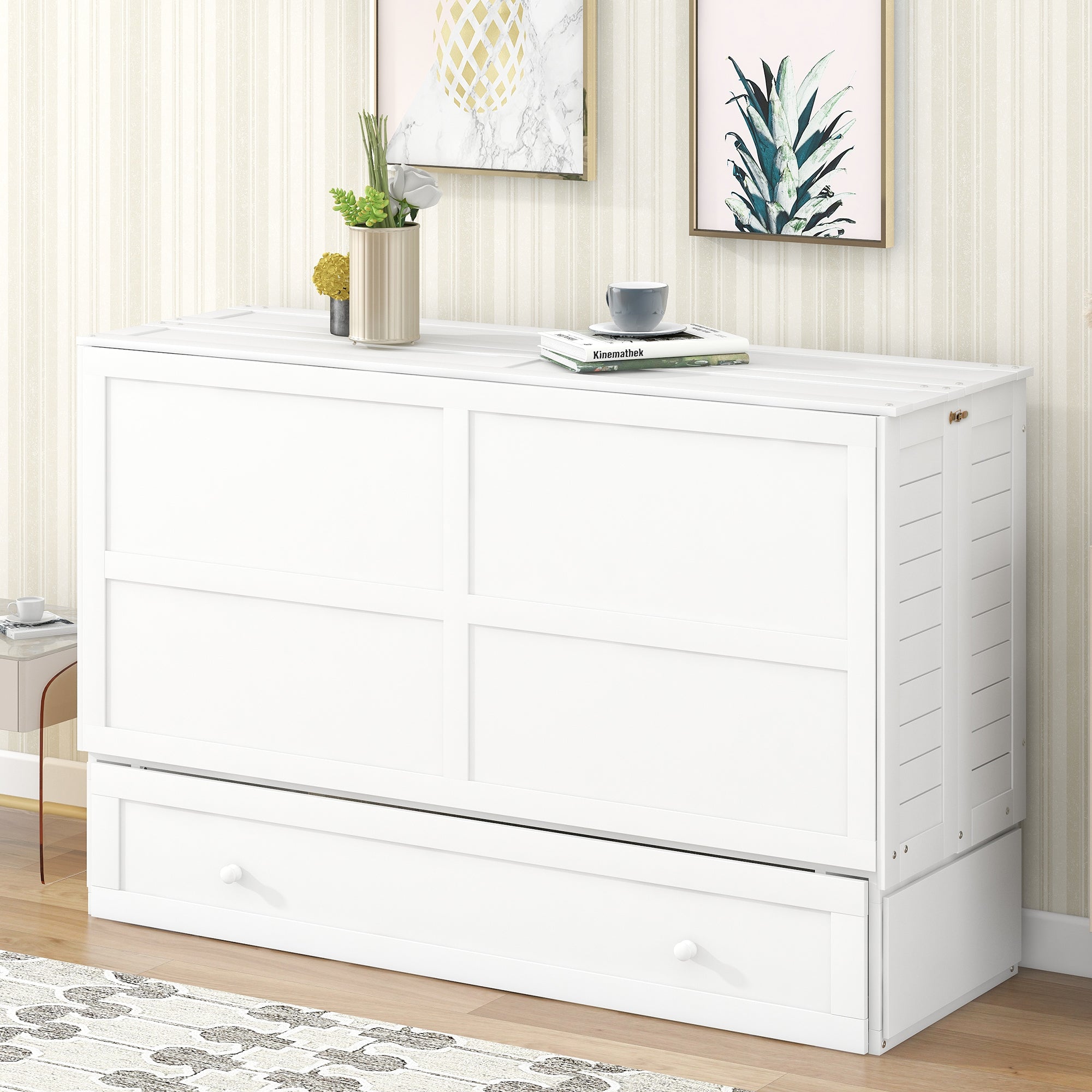 Queen Mobile Murphy Bed with Storage Drawer & Bedside Shelves – White