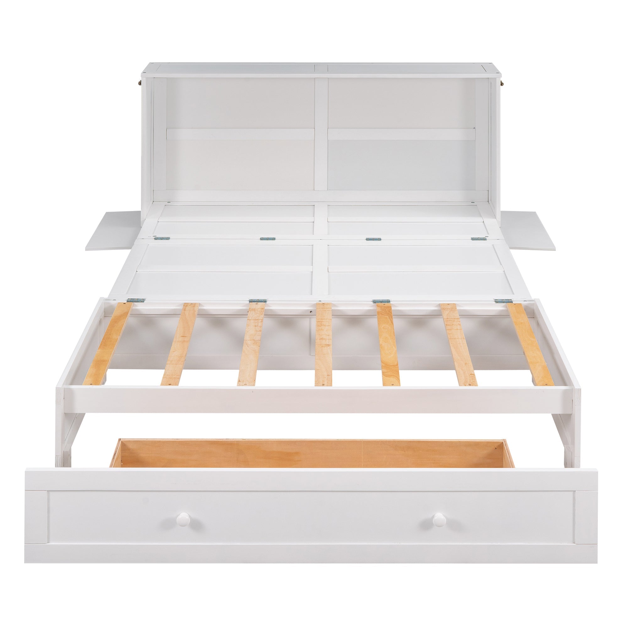 Queen Mobile Murphy Bed with Storage Drawer & Bedside Shelves – White