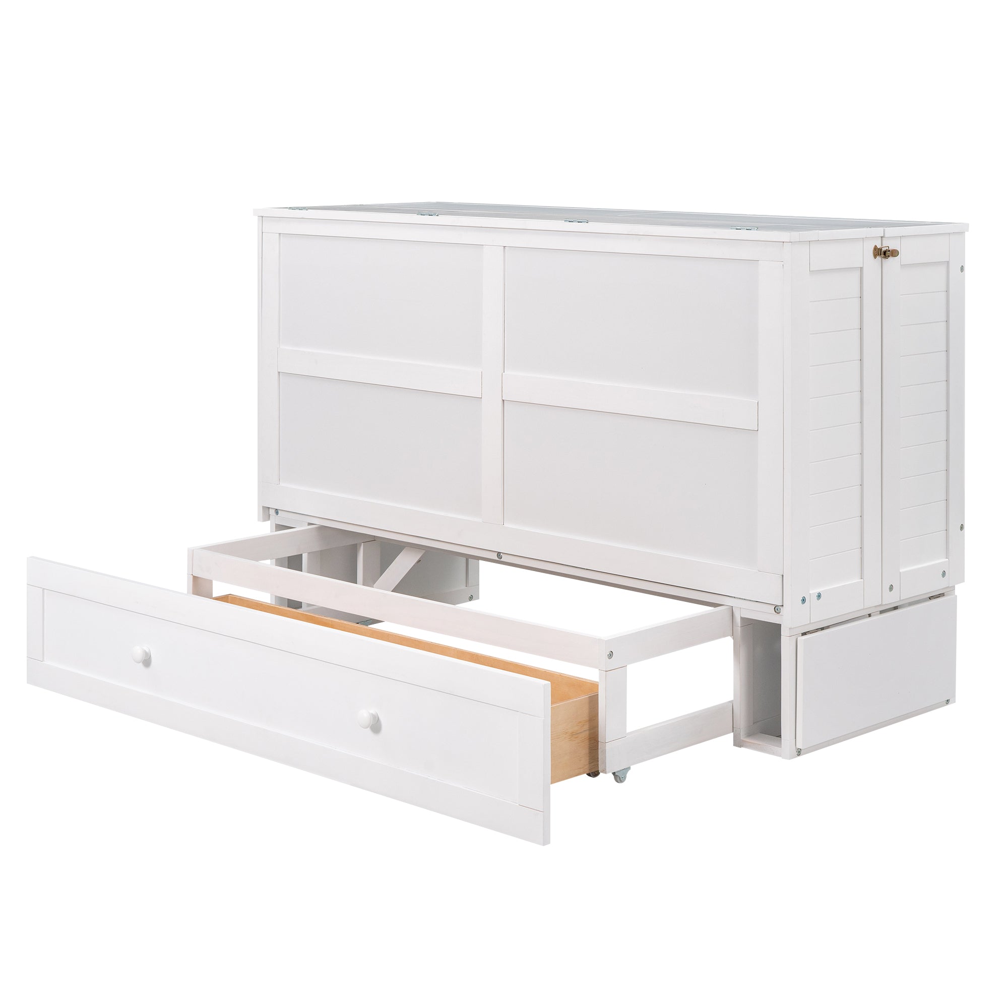 Queen Mobile Murphy Bed with Storage Drawer & Bedside Shelves – White