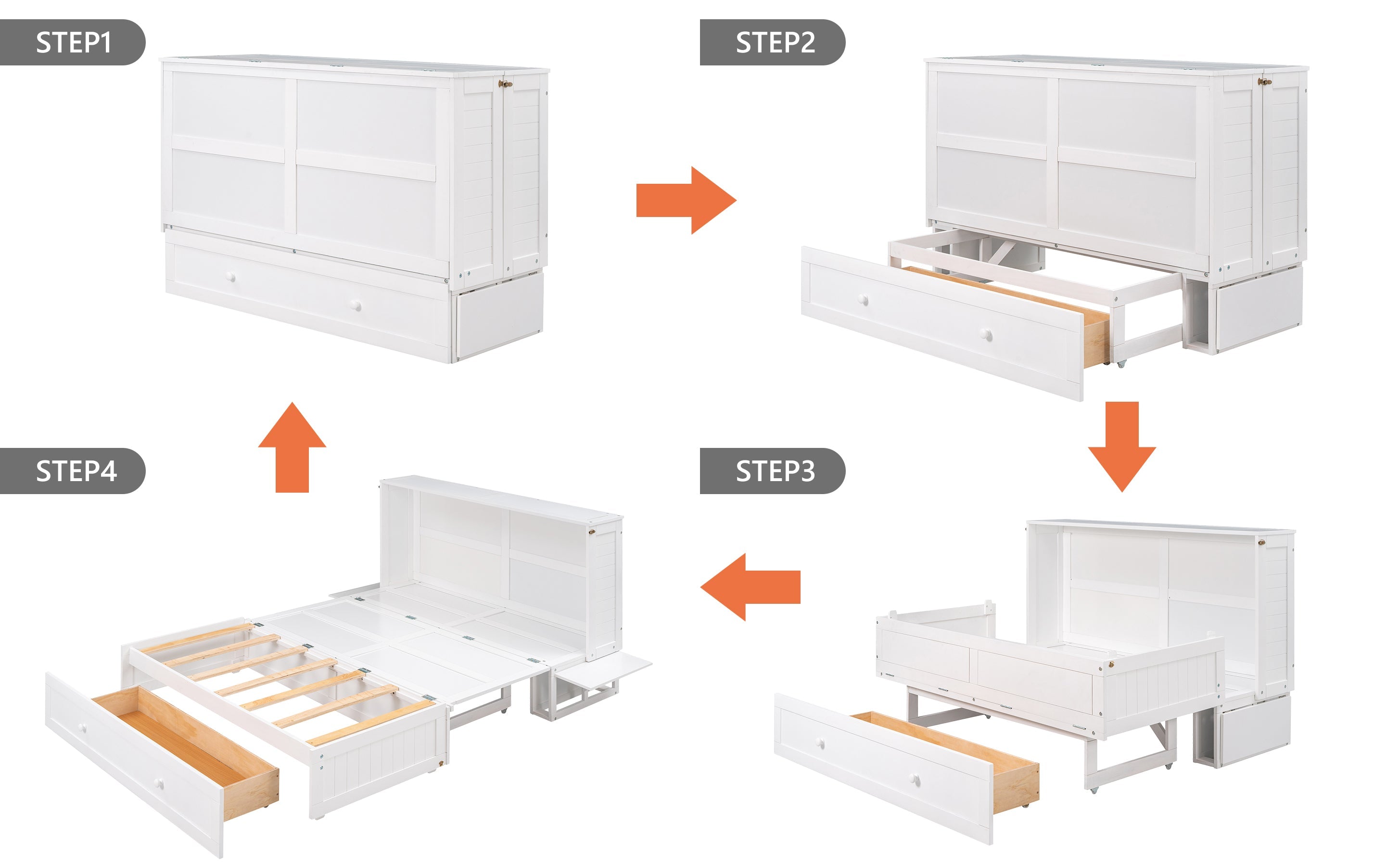 Queen Mobile Murphy Bed with Storage Drawer & Bedside Shelves – White