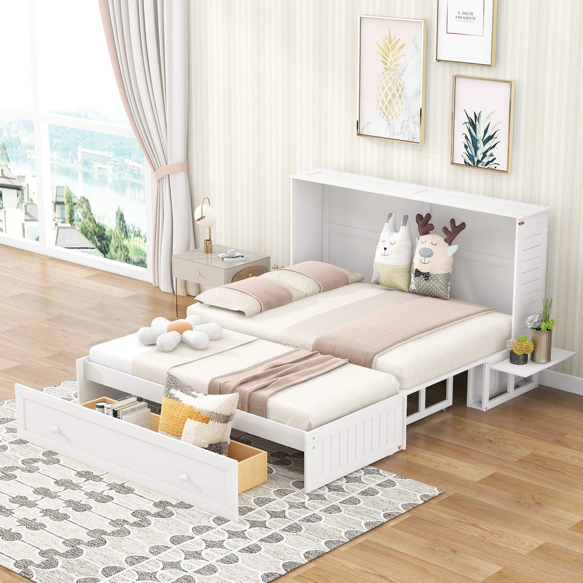 Queen Mobile Murphy Bed with Storage Drawer & Bedside Shelves – White