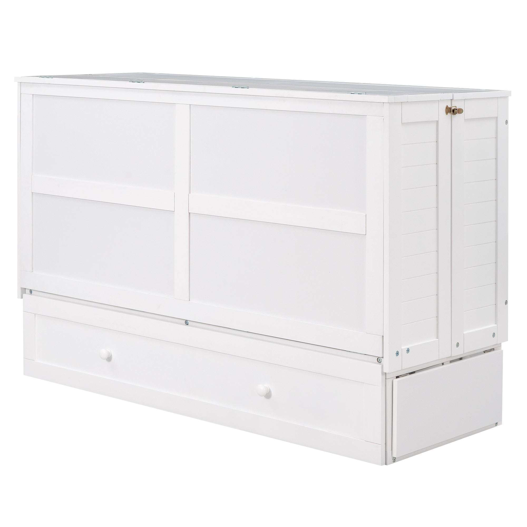 Queen Mobile Murphy Bed with Storage Drawer & Bedside Shelves – White