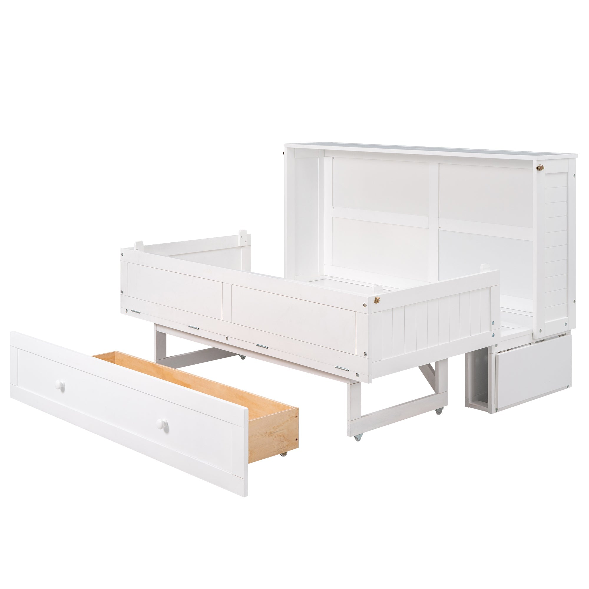Queen Mobile Murphy Bed with Storage Drawer & Bedside Shelves – White