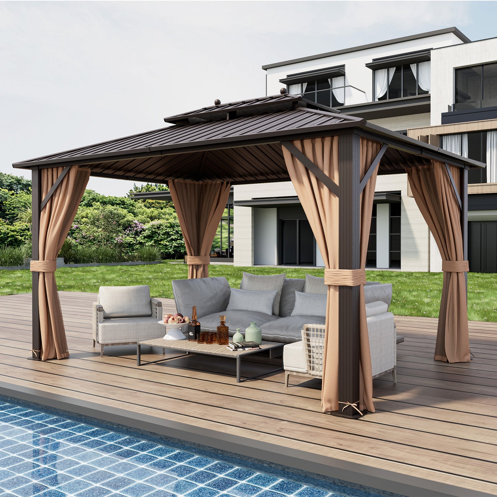 DirectDeals 10x13ft Double-Roof Patio Hardtop Gazebo with Galvanized Steel Roof Netting and Curtains-Coffee