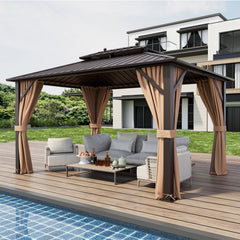 DirectDeals 10x13ft Double-Roof Patio Hardtop Gazebo with Galvanized Steel Roof Netting and Curtains-Coffee
