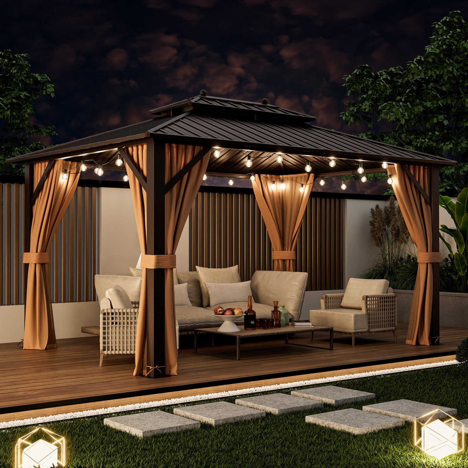 DirectDeals 10x13ft Double-Roof Patio Hardtop Gazebo with Galvanized Steel Roof Netting and Curtains-Coffee