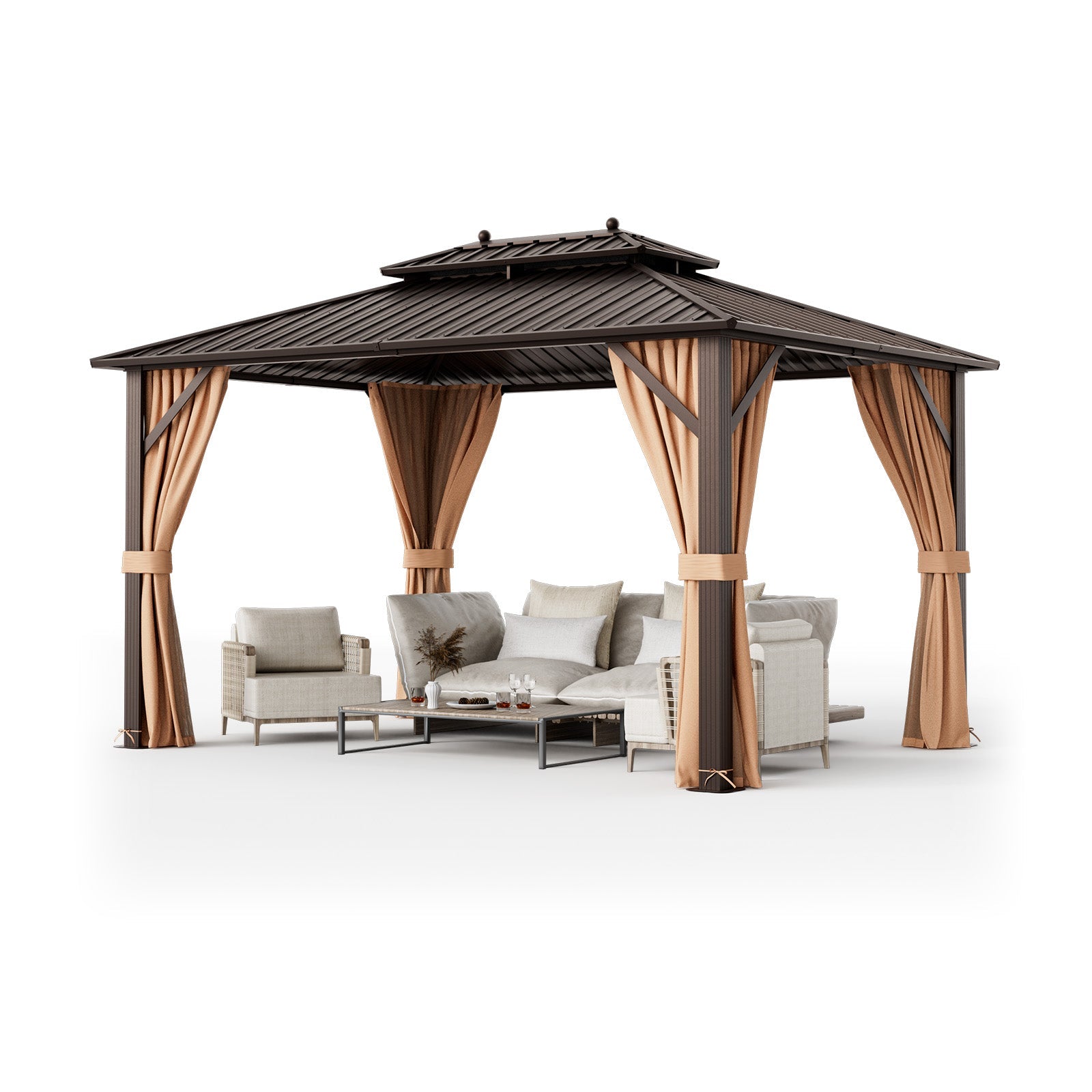 DirectDeals 10x13ft Double-Roof Patio Hardtop Gazebo with Galvanized Steel Roof Netting and Curtains-Coffee
