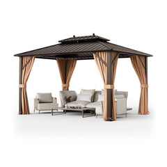 DirectDeals 10x13ft Double-Roof Patio Hardtop Gazebo with Galvanized Steel Roof Netting and Curtains-Coffee