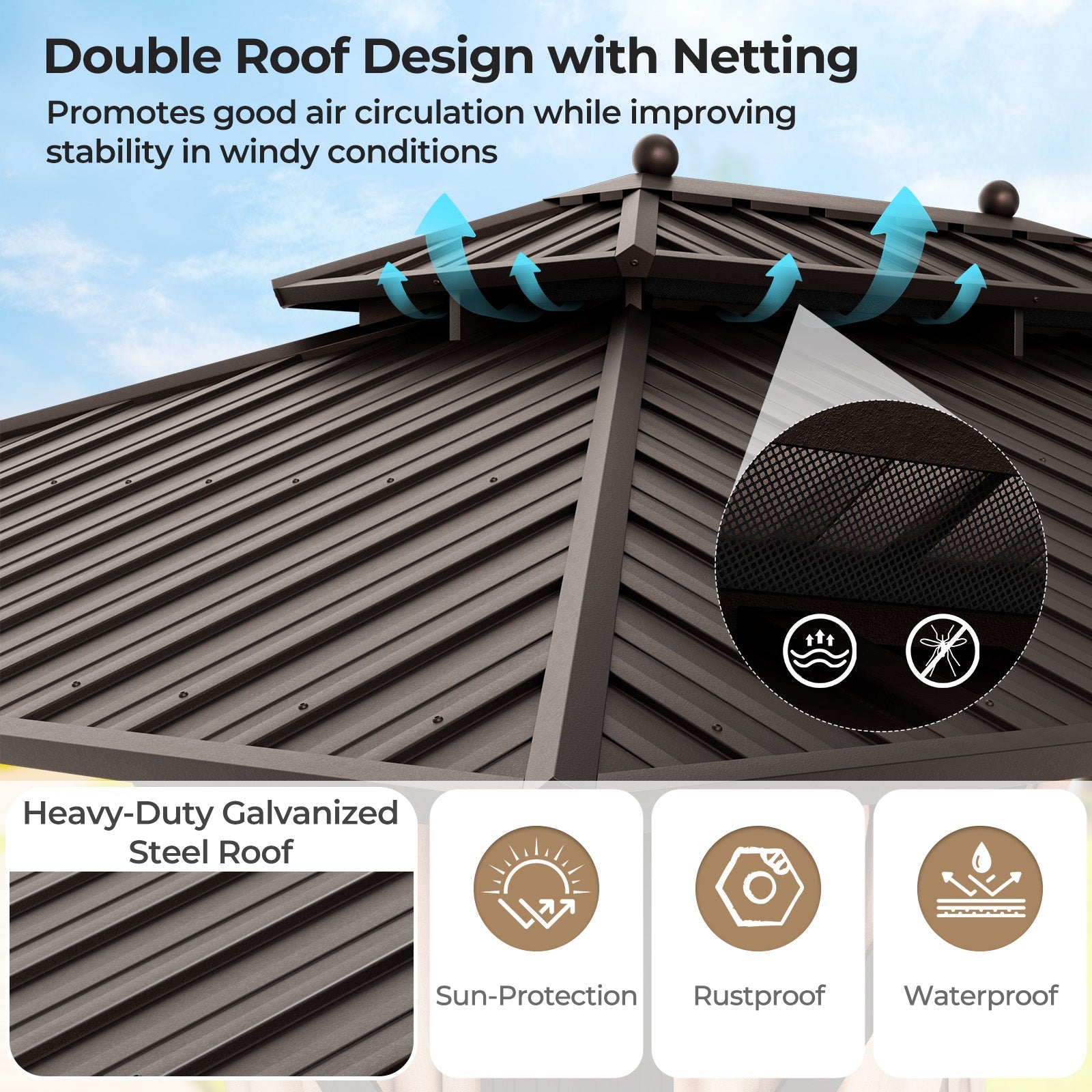 DirectDeals 10x13ft Double-Roof Patio Hardtop Gazebo with Galvanized Steel Roof Netting and Curtains-Coffee
