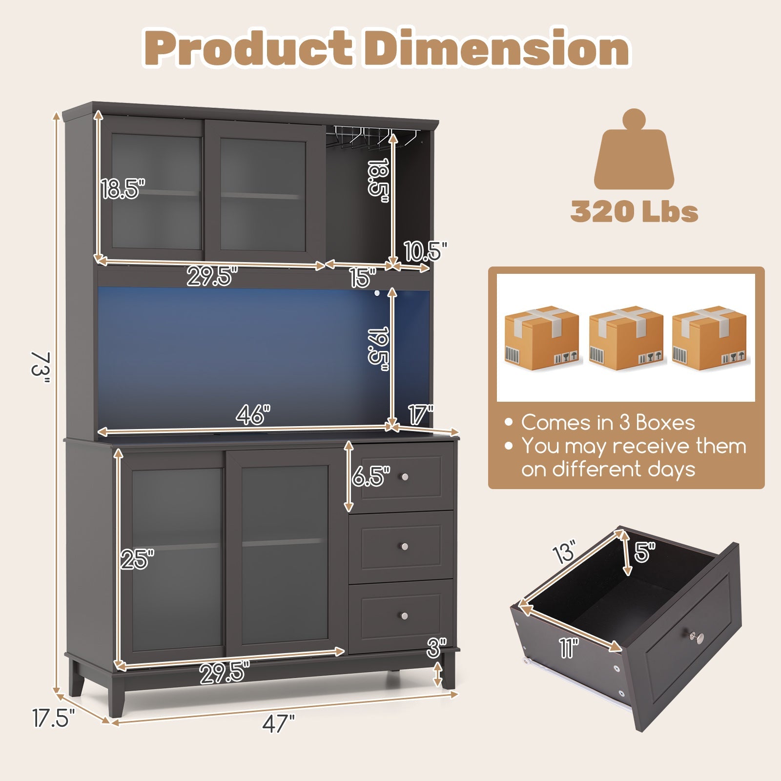 Kitchen Pantry Storage Cabinet Kitchen Hutch with LED lights and Power Outlet-Dark Brown
