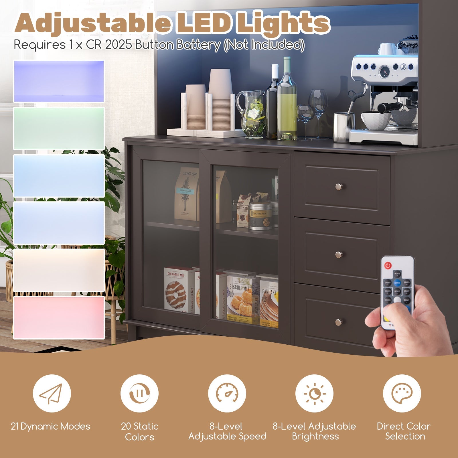 Kitchen Pantry Storage Cabinet Kitchen Hutch with LED lights and Power Outlet-Dark Brown