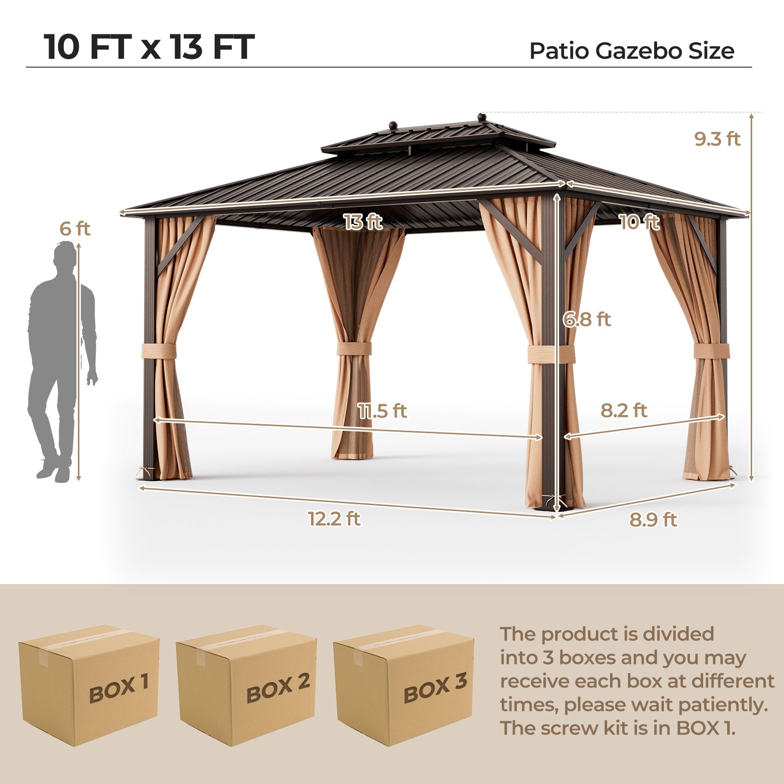 DirectDeals 10x13ft Double-Roof Patio Hardtop Gazebo with Galvanized Steel Roof Netting and Curtains-Coffee